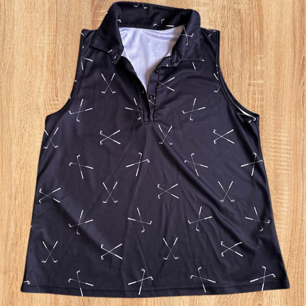 Black Sleeveless Polo with Golf Club Print